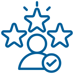 Blue outline icon of a person with three stars above their head and a checkmark in a circle beside them, suggesting approval or high rating.