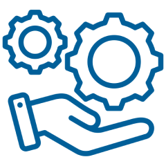 An icon of an open hand beneath two gears, representing support or service related to technical operations or settings.