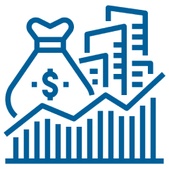 Blue icon showing a money bag with a dollar sign, bar and line graphs, and buildings, representing financial growth or economic development.